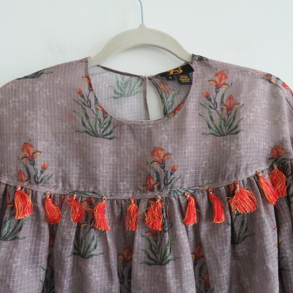 SACHIN + BABI Acacia Floral Tasseled Sheer Boho Blouse - Size S - Picture 6 of 15